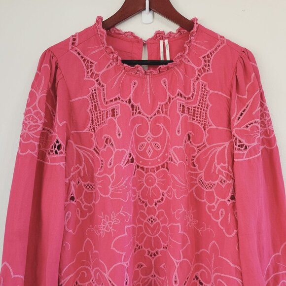 Anthropologie Women The Lainie Longsleeve Lace Cutwork Blouse Pink XL LinenBlend - Picture 5 of 16